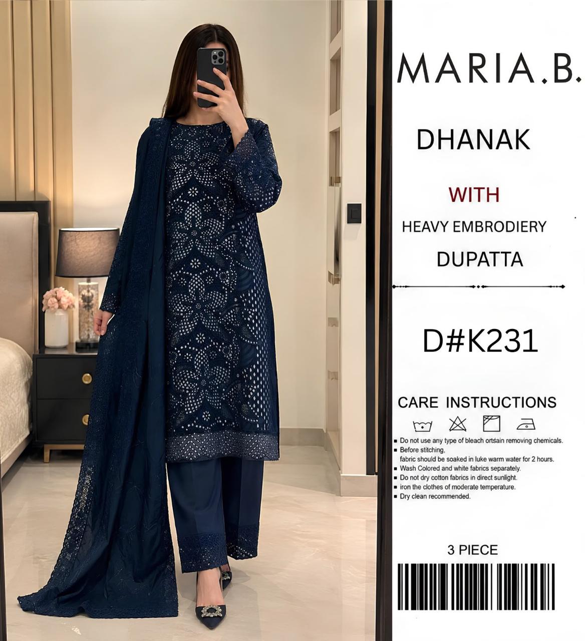 Dhanak 3-piece suit with heavy embroidery dupatta Shirt embroidery